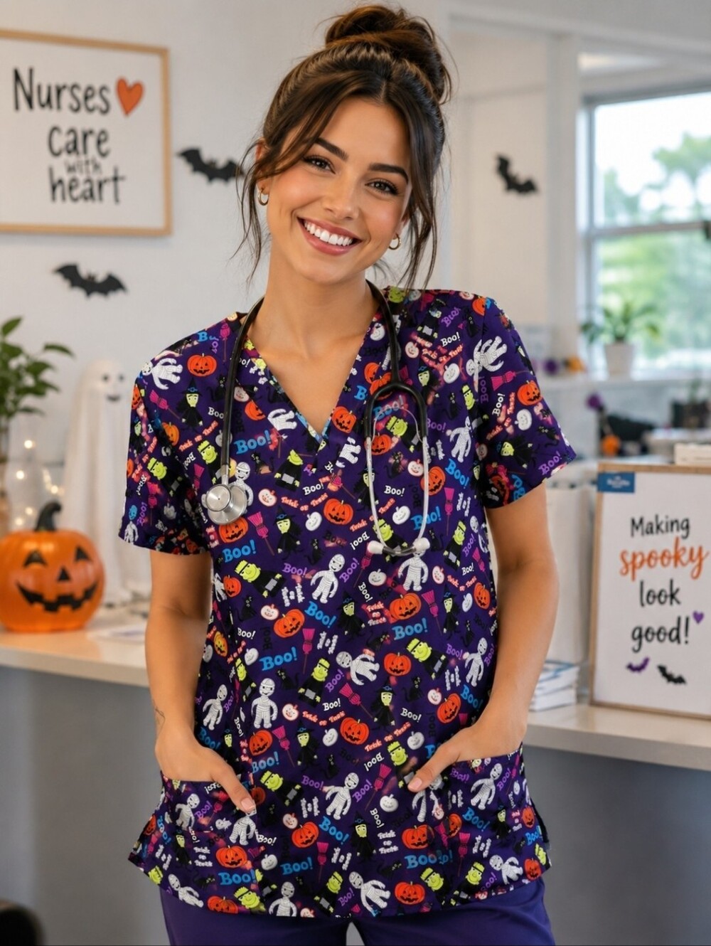 Scrubwear Halloween V-Neck Scrub Top Size L Purple Orange Mummy Pumpkin Witch